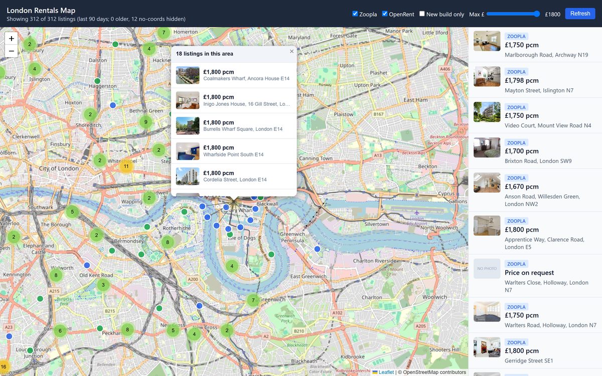 A dense pocket around Canary Wharf opened from its cluster: the eighteen listings in that area as a priced thumbnail list, without leaving the map