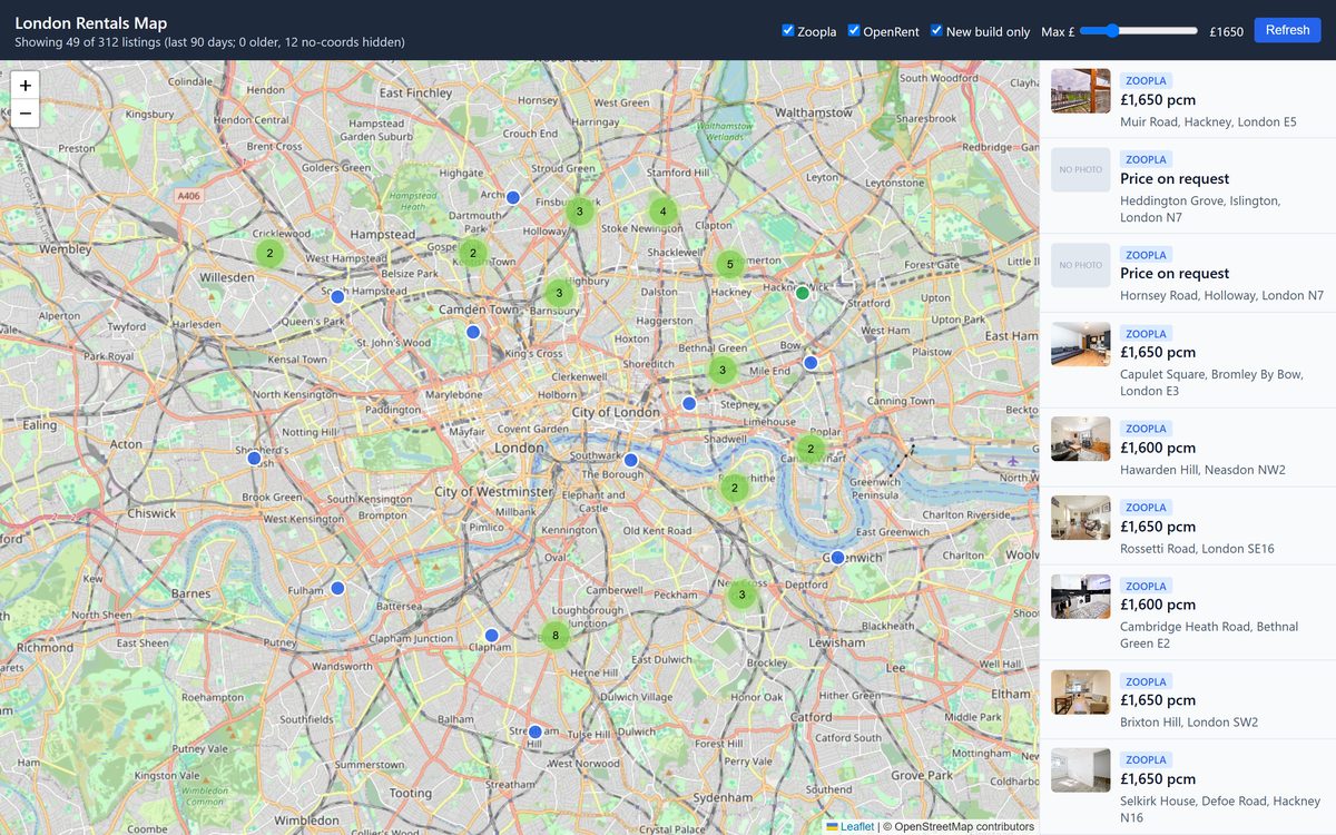 The two filters that decide what is worth a viewing: new builds only, capped at £1,650, cutting the map from 312 listings to 49