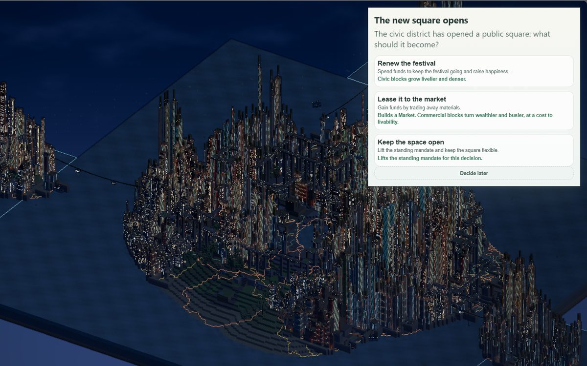 The same city after dark, with a civic decision card asking what a newly opened public square should become and naming what each of the three answers costs