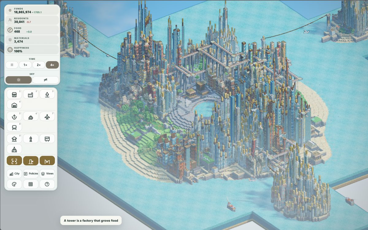 A voxel metropolis of 30,041 residents filling its island and spilling onto the next, ropeways strung between them and the simulation running at 4x