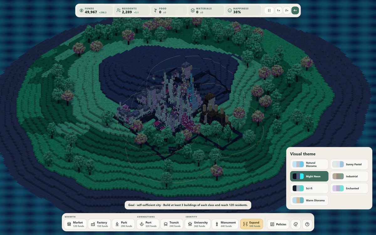 The same city under a neon night palette, swapped at runtime with no geometry regenerated, beside the theme picker