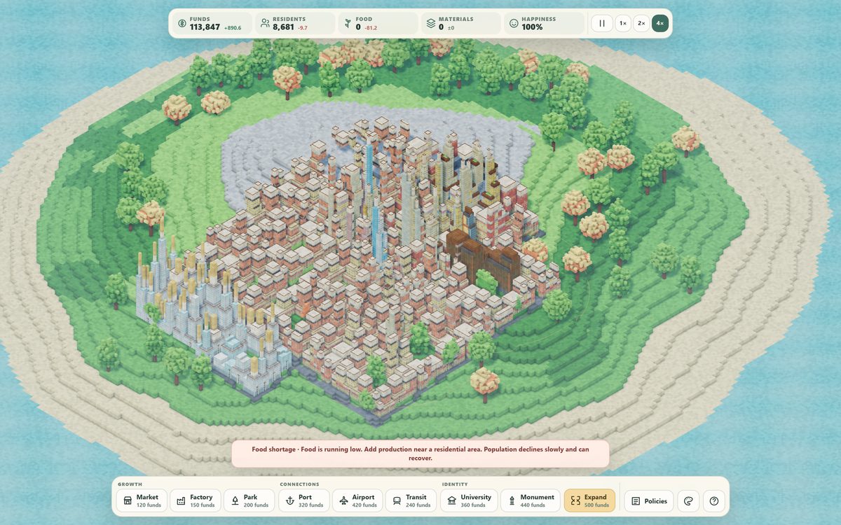 An isometric voxel city grown across a terraced island, with the resource bar reading 8,681 residents and the build dock along the bottom