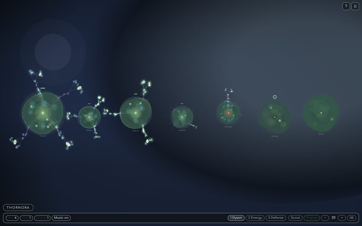An authored campaign map mid-match, its rocks strung in a line across a blue starfield with the player groves holding the near end and a rival core burning red towards the far one