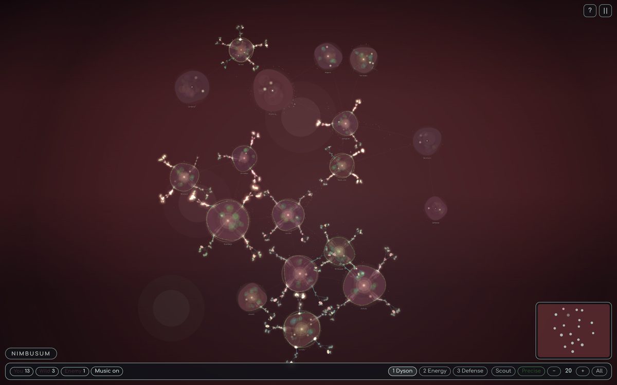 A whole generated field at full extent under a red starfield: thirteen rocks held, three still wild and one rival, each named and linked to whatever falls inside its travel radius