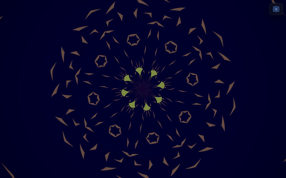 Gold girih star and polygon fragments scattered in rings on a deep blue ground