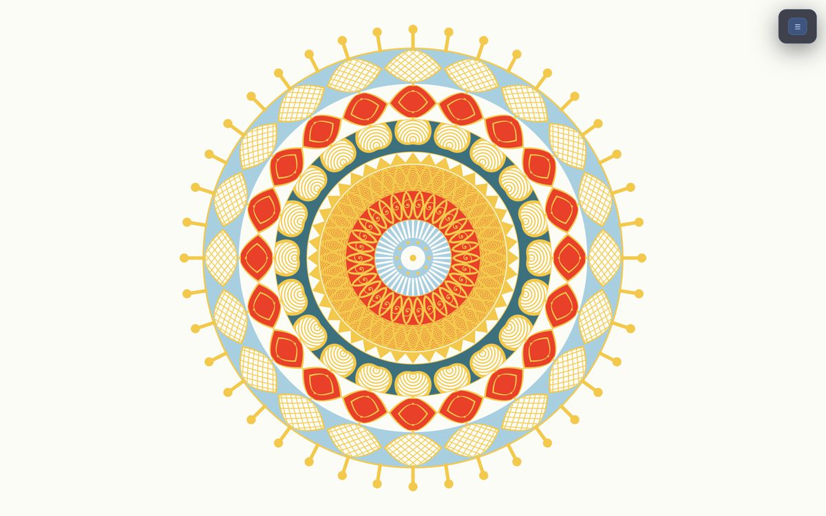 A saffron, red and teal mandala of concentric petal rings on cream paper