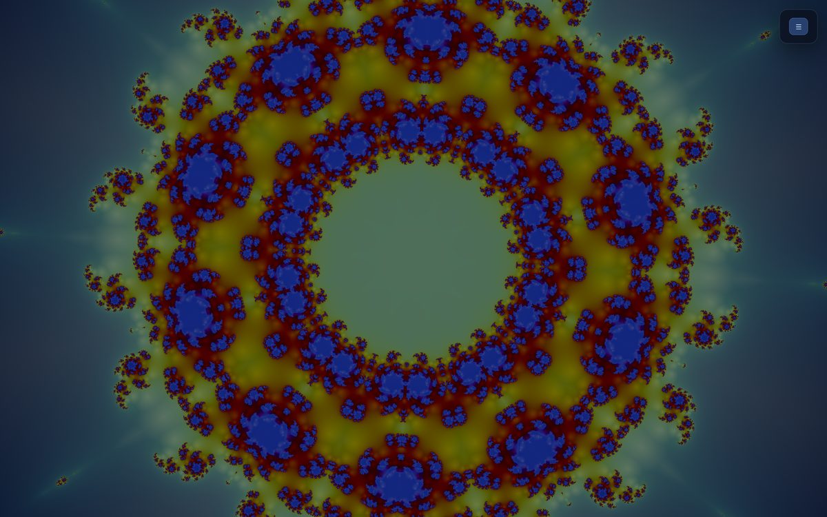 A ring of blue and red Julia-set filaments around a pale core on a turquoise ground