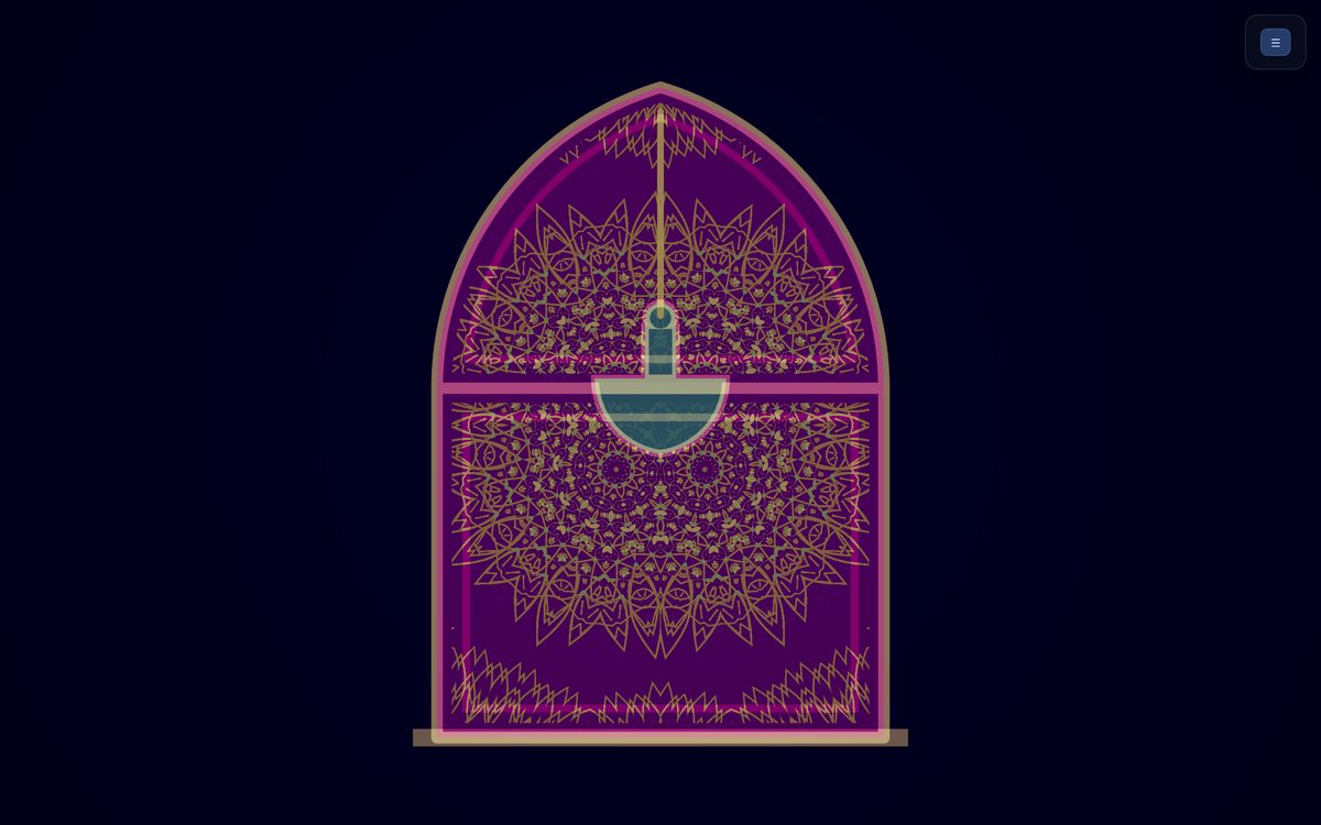 A pointed mihrab niche in magenta and gold, a lamp hanging on its axis over a dense star rosette