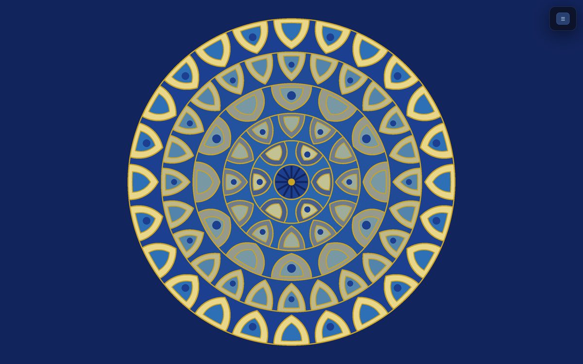 A muqarnas hood flattened into concentric rings of blue and gold niche cells around a small central rosette