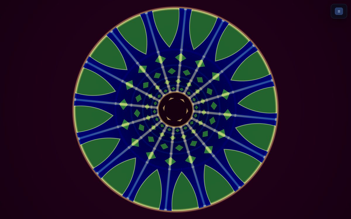 A ribbed vault seen from below, green arches around the rim and sixteen blue ribs converging on a dark central boss