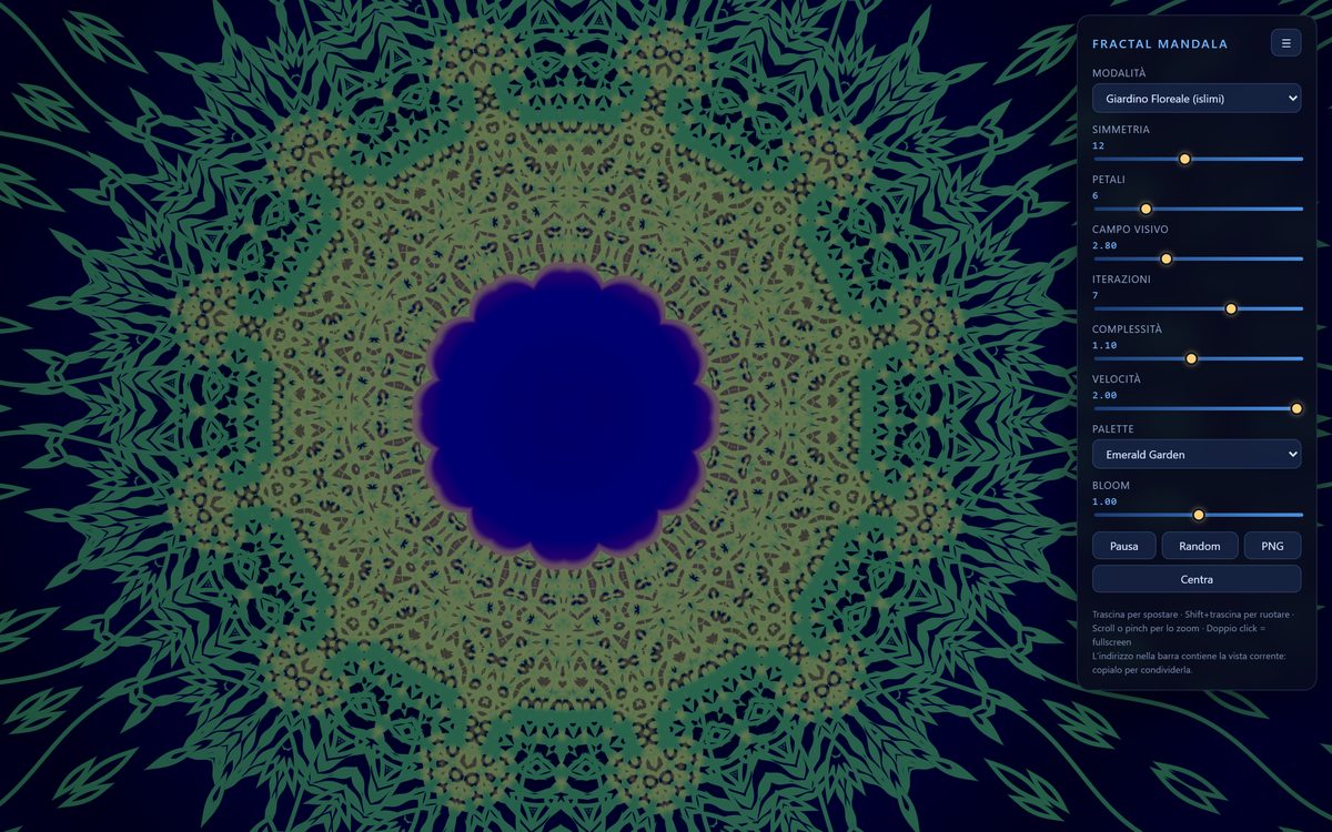 A twelve-fold green and gold arabesque mandala on deep blue, with a dark control panel of sliders on the right