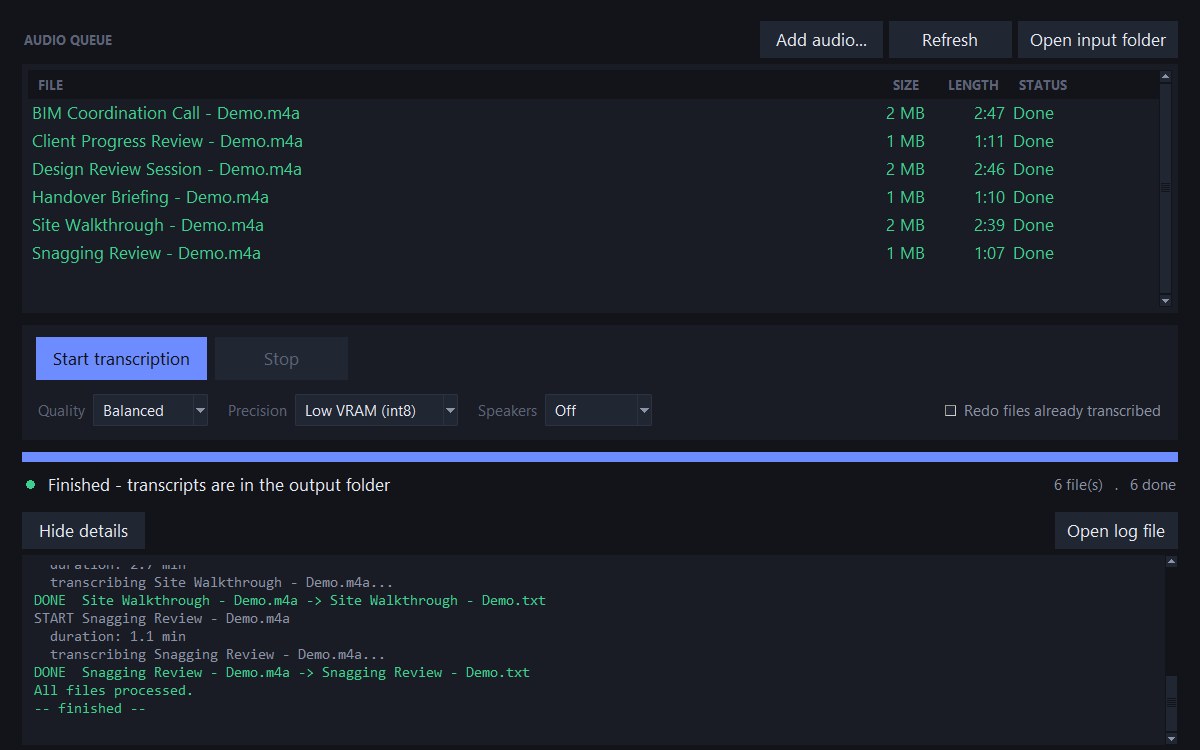 The finished run: every file marked Done, and the live log showing each recording resolved to its transcript file