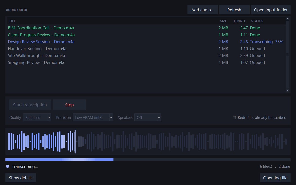 A run in progress: two files done, one being transcribed at 33 per cent, and the loudness envelope of that recording with the playhead partway through it