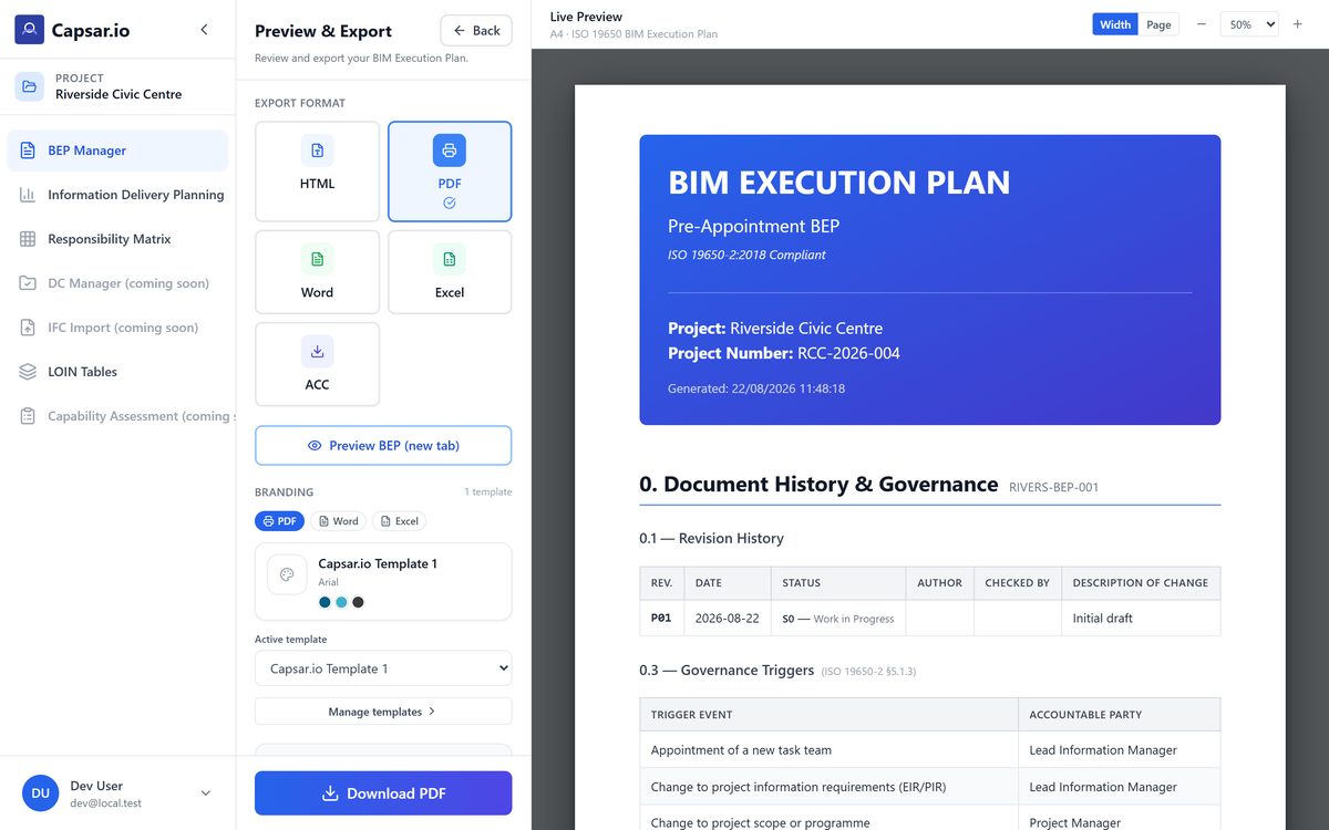 Il BIM Execution Plan assemblato e pronto per l&rsquo;export, con il selettore di formato e il template aziendale accanto.