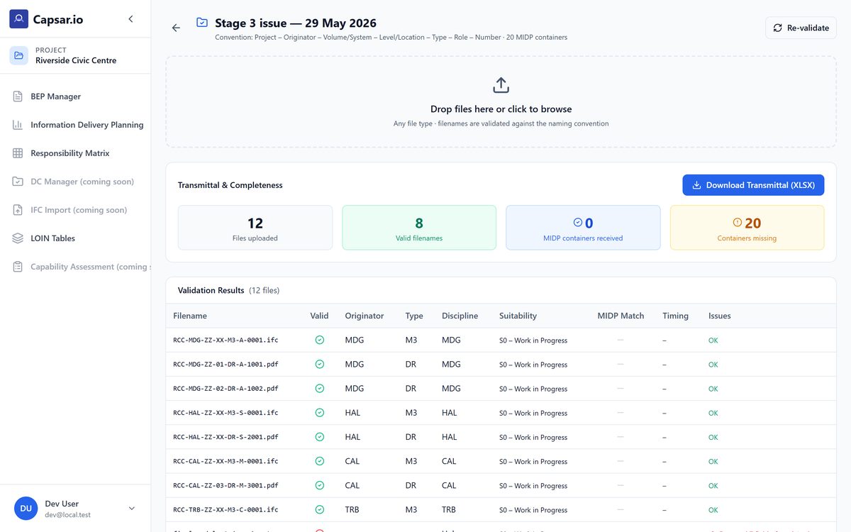 Il document control valida un&rsquo;emissione di stage: dodici file caricati, otto nomi validi e venti container MIDP ancora mancanti, con l&rsquo;esito file per file.