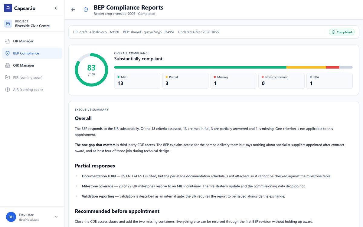 A completed compliance report scoring 83 of 100, substantially compliant, with thirteen criteria met, three partial and one missing, above an executive summary naming the gaps.