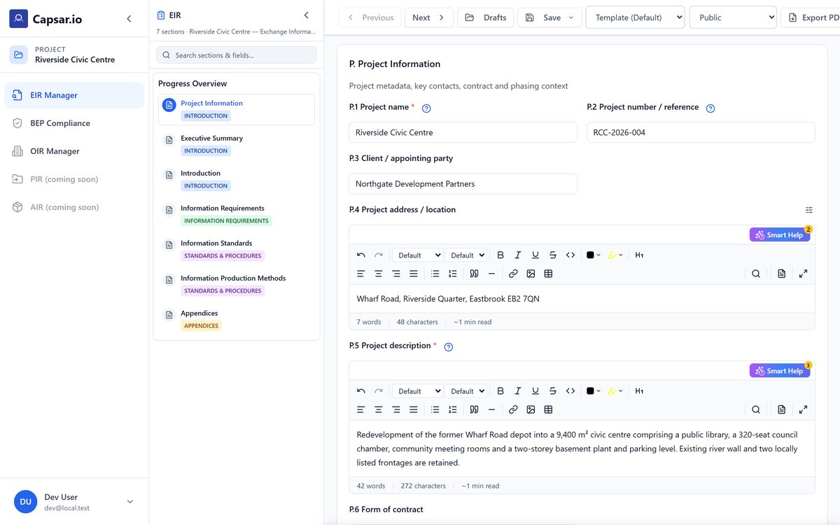 L&rsquo;editor EIR sulla sezione Project Information, con committente, forma contrattuale e descrizione del progetto compilati, la barra di avanzamento a sette sezioni e lo Smart Help su ogni campo.