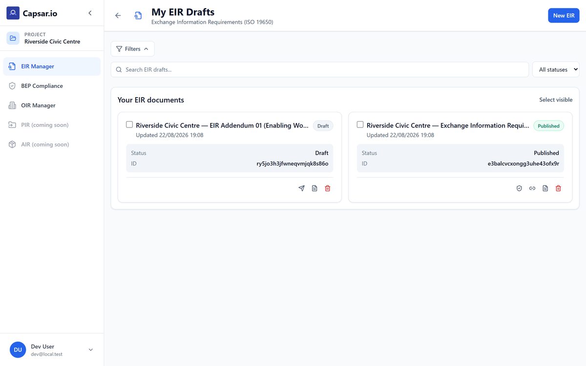 EIR drafts list holding a published Exchange Information Requirements document and an enabling-works addendum, each with its status and last-edited date.