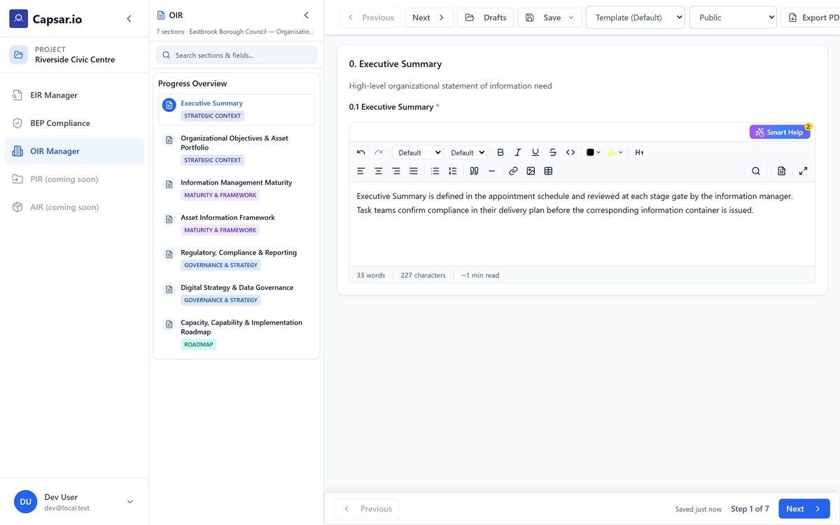 L&rsquo;editor OIR di un ente locale, con la sezione di sintesi esecutiva accanto a un indice di contesto strategico, maturit&agrave;, governance e roadmap.