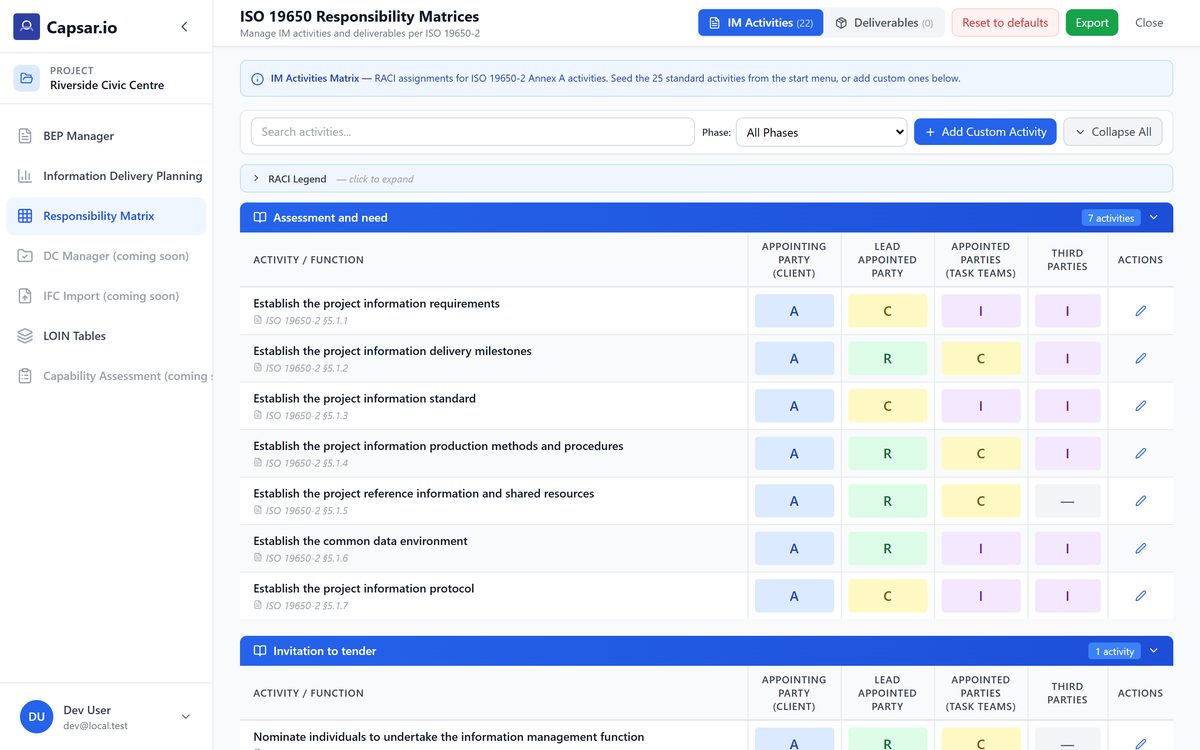 La matrice delle responsabilit&agrave; di gestione informativa assegna ogni attivit&agrave; ISO 19650-2 fra committente, lead appointed party, appointed party e terze parti, con il riferimento di clausola sotto ogni riga.